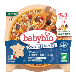BABYBIO Plato de macarrones con verduras del sol zanahoria y maíz 200 g