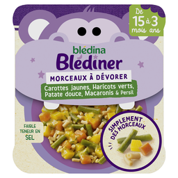 BLEDINER BLEDINA Petit Plat Morceaux à dévorer Carottes Jaunes, Haricots verts Patate douce macaronis Persil de 15 MOIS à 3 ans 200 g