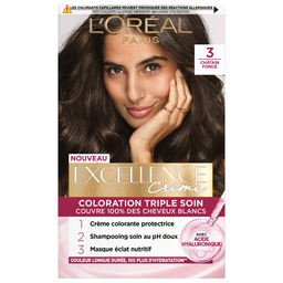 Coloration Permanente 3 Châtain Foncé Couvre 100% Cheveux Blancs Excellence Crème L'OREAL PARIS