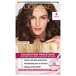 Coloration 4 Châtain Triple Soin Couvre 100% Cheveux Blancs Excellence Crème L'OREAL PARIS