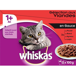 WHISKAS repas en sauce 1+ sélection aux viandes pour chat: les 12 sachets de 100g
