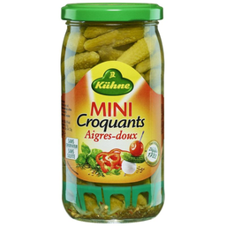 KÜHNE cornichons mini croquants aigres-doux: le bocal de net égoutté 330g