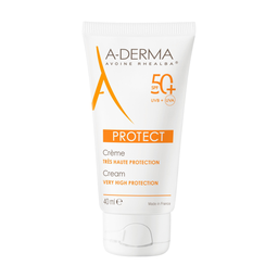 A-DERMA Crème solaire Toutes Types Peaux Haute Protection Spf 50+ Non Collant Résistant l'Eau 40 ml
