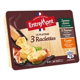 ENTREMONT Plateau fromage 3 raclettes fumée 3 poivres et saveur d'antan en tranches 600 g