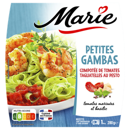 MARIE Petites gambas, compotée de tomates, Tagliatelles au pesto, tomates marinées et basilic 280 g