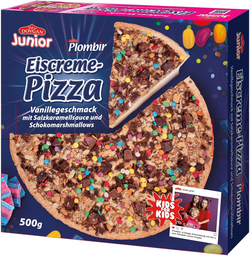 PLOMBIR Junior Eiscreme Pizza Vanillegeschmack Mit Salzkaramellsauce Und Schokoladen-Toffees 500 g