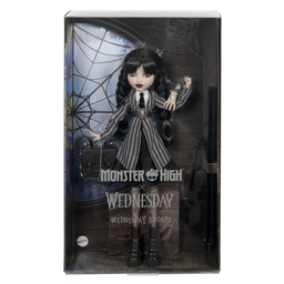 MONSTER Poupée High Mercredi Addams en uniforme avec La Chose, la boite