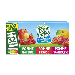 POM'POTES Fruit Dessert Pouches No Added Sugar Apple, Apple Strawberry, Apple Raspberry 32 pouches of 90 g