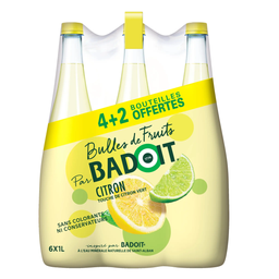 BADOIT Eau gazeuse minérale bulles de fruits aromatisée citron et citron vert 6 x 1 L