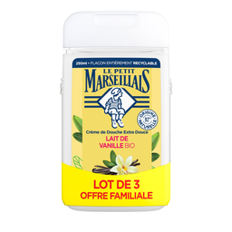 LE PETIT MARSEILLAIS Gel de ducha Extra Suave Leche de Vainilla Bio, lote de 3 frascos de 250 ml