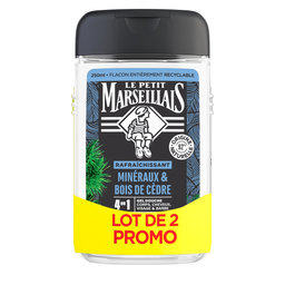 LE PETIT MARSEILLAIS Gel de ducha Hombre 4 en 1 Minerales Madera de Cedro 2 x 250 ml
