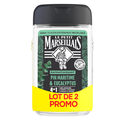 LE PETIT MARSEILLAIS Gel de Ducha Hombre Cuerpo Cabello Rostro Pino Marítimo Eucalipto, lote de 2 frascos de 250 ml