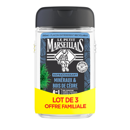 LE PETIT MARSEILLAIS Gel de ducha Hombre Cuerpo y Cabello Refrescante Minerales Madera de Cedro 3 x 250 ml