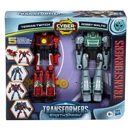 TRANSFORMERS Figuras Earthspark Cyber-Combiner Terran Twitch e Robby Malto a caixa