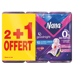 NANA Serviettes hygiéniques Goodnight ultra large avec ailettes 3x10 pièces