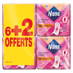 NANA Serviettes Hygiéniques Ultra Régulier V-Protection avec Ailettes, lot de 8 packs de 16