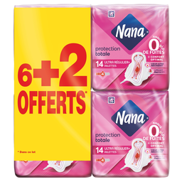 NANA Serviettes Hygiéniques avec Ailettes Ultra Régulier Plus V-Protection - Lot de 8 packs de 14