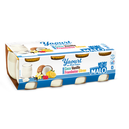 MALO Iogurte de leite inteiro sabores coco, baunilha, limão e framboesa 8 x 125 g