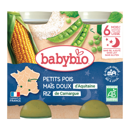 BABYBIO Puré Bonne Nuit Ervilhas Milho Doce Arroz BIO, os 2 frascos de 200 g