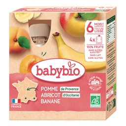 BABYBIO Postre manzana de Provenza, albaricoque de Occitania y plátano Bio 4x90g