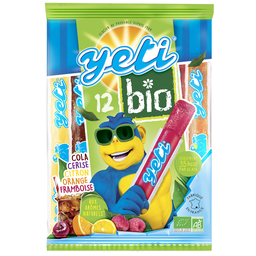 YETI Sucettes glacés à l'eau bio panachés (cola/cerise/citron/framboise/orange) x12 unités soit 580 g