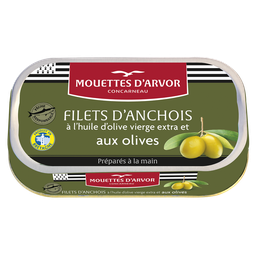 MOUETTES D'ARVOR Filetes de anchoa en aceite de oliva virgen extra con aceitunas 69 g