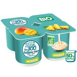 LES 300 LAITIERS BIO Iogurte batido leite inteiro manga ananás 4 x 125 g