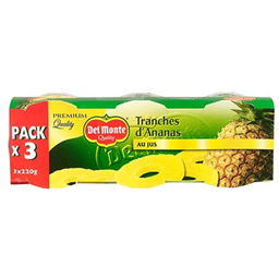 DEL MONTE Ananas en tranches au jus sans sucres ajoutés 3x220g